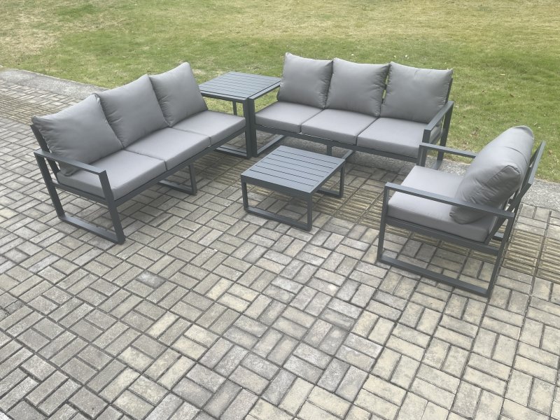 Fimous Aluminium 7 Seater Outdoor Garden Furniture Lounge Sofa Set with Square Coffee Table Chair Side Table Dark Grey