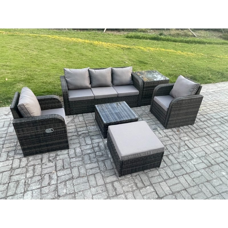 Fimous Garden Furniture Sets 6 Seater Wicker Rattan Furniture Patio Sofa Sets with Reclining Chair 3 Seater Sofa Big Footstool Side Table Dark Grey Mixed