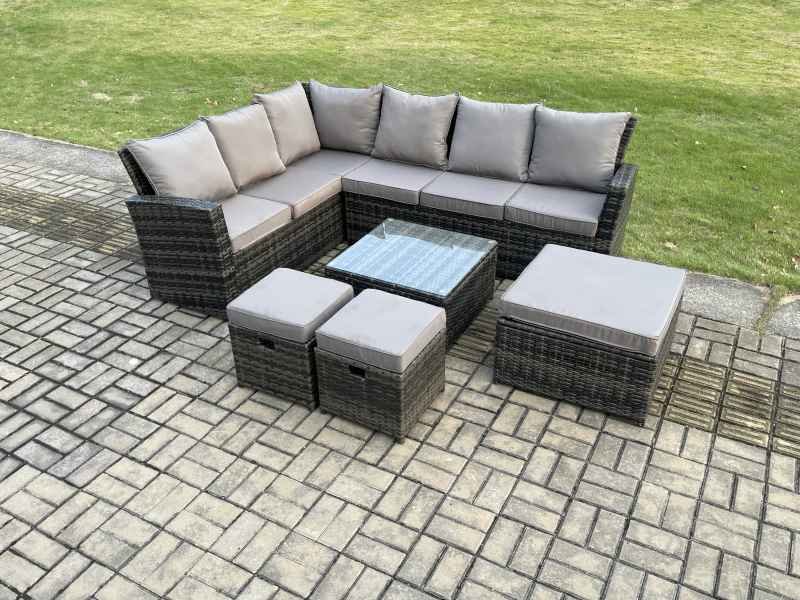 Fimous Rattan Garden Furniture Set Outdoor Lounge Corner Sofa Set With Square Coffee Table 3 Footstools 9 Seater Dark Grey Mixed