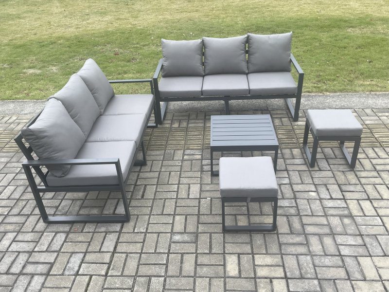 Fimous Aluminium 5 Pieces Garden Furniture Sofa Set with Cushions 8 Seater Outdoor Patio Set with Square Coffee Table 2 Small Footstools Dark Grey