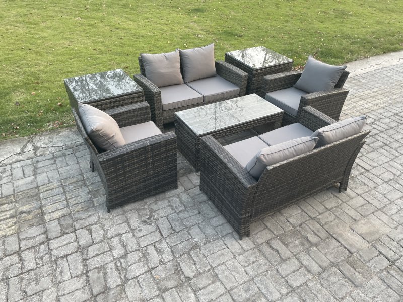 Fimous 6 Seater Dark Grey Mixed High Back Rattan Sofa Set Coffee Table Garden Furniture Outdoor Patio With Love Sofa Arm Chairs 2 Side Tables