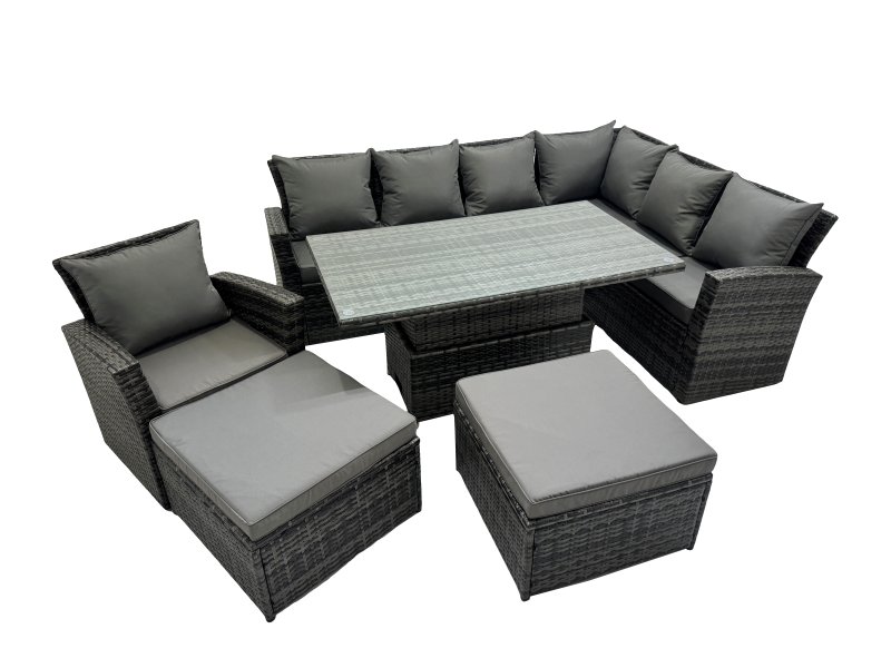 Fimous 9 Seat Rattan Garden Furniture Corner Sofa Set Outdoor Adjustable Lifting Dining or Coffee Table Set with 2 Big Footstools Dark Grey Mixed