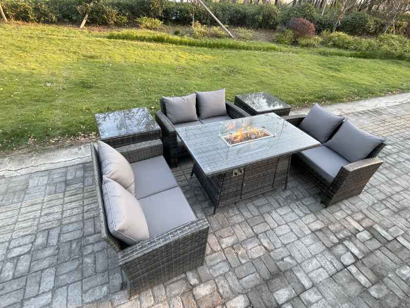 Fimous High Back Rattan Garden Furniture Sofa Sets with Outdoor Furniture Gas Firepit Dining Table Set 2 Side Tables Dark Grey Mixed