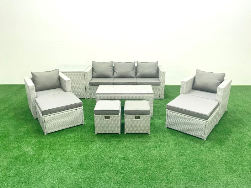 Fimous Outdoor Rattan Garden Furniture Set with Grey Cushions Luxury 9 Seater with 2 Chairs and Coffee Table For Conservatory,Patio