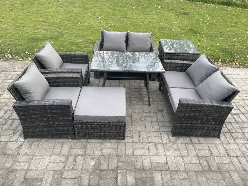 Fimous Rattan Garden Furniture Set 7 Seater Patio Outdoor Lounge Sofa Set with Rectangular Dining Table Love Seat Sofa Side Table Big Footstool Dark Grey Mixed
