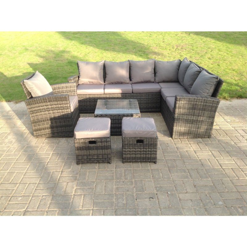 Fimous 9 Seater High Back Rattan Garden Furniture Set Corner Sofa With Square Coffee Table Stools With Chair
