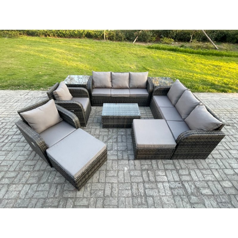 Fimous 10 Seater Rattan Outdoor Garden Furniture Sofa Set Patio Table & Chairs Set with 3 Seater Sofa Reclining Chair 2 Big Footstool 3 Seater Sofa 2 Side Tables Dark Grey Mixed