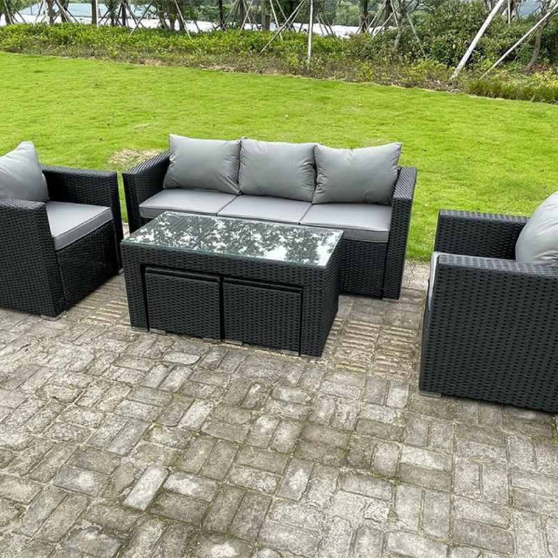Fimous Wicker Rattan Garden Furniture Sofa Sets Outdoor Patio Coffee Table With Stools black