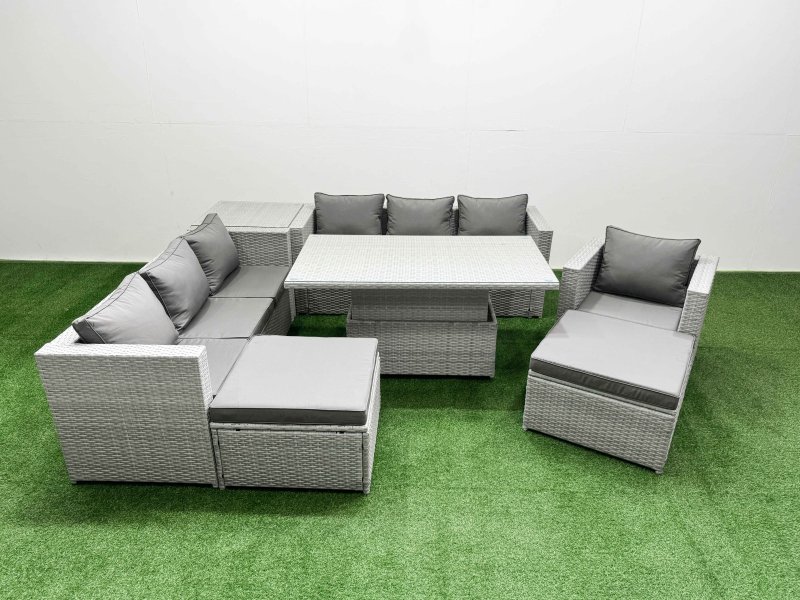 Fimous 7 PCs Rising Dining Table Set Rattan Furniture Set with 3 Seater Sofa Chair 2 Big Footstool Side Table Light Grey