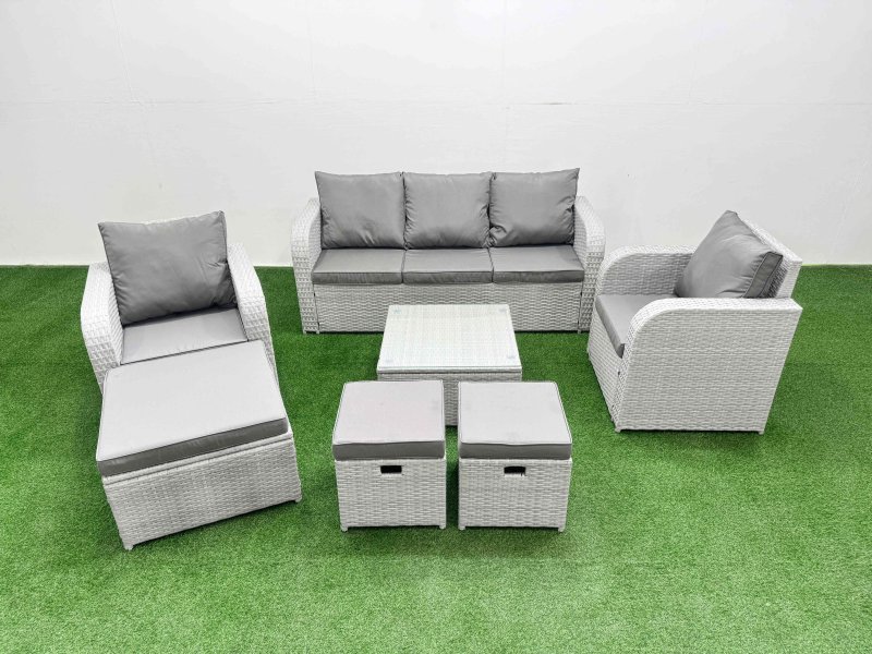Fimous PE Rattan Garden Furniture Set Reclining Chair Sofa Lounge Sofa Set Square Coffee Table 3 Stools Light Grey