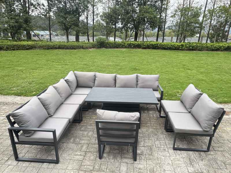 Fimous 11 Pieces Aluminium Garden Furniture Set with Cushions, Patio Furniture Set with Adjustable Rising Lifting Dining Table 3 Footstools Dark Grey