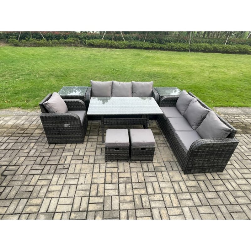 Fimous 9 Seater Outdoor Rattan Garden Furniture Set Oblong Rectangular Dining Table and Chairs Set with 3 Seater Sofa 2 Small Footstools 2 Side Tables Dark Grey Mixed