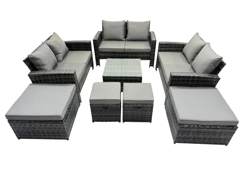 Fimous PE Rattan Garden Furniture Set Lounge Double Seat Sofa Coffee Table Set with 4 Stools Dark Grey Mixed