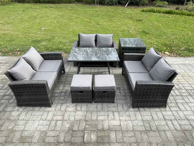 Fimous 7 PCS Outdoor Lounge Sofa Set Wicker PE Rattan Garden Furniture Set with Rectangular Dining Table Love Seat Sofa Side Table 2 Small Footstools Dark Grey Mixed