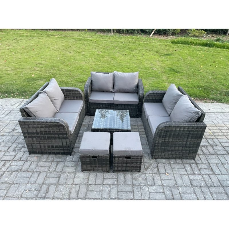 Fimous 8 Seater Outdoor Garden Furniture Sets Wicker Rattan Furniture Sofa Sets with Square Coffee Table Love seat Sofa 2 Small Footstools