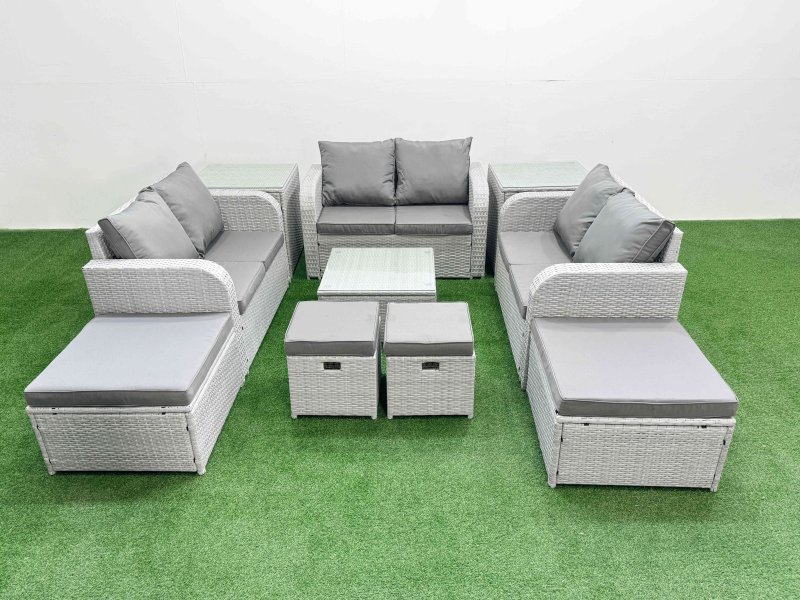 Fimous Outdoor Garden Furniture Set PE Rattan Love Sofa Set with Coffee Table 4 Footstools 2 Side Tables Light Grey