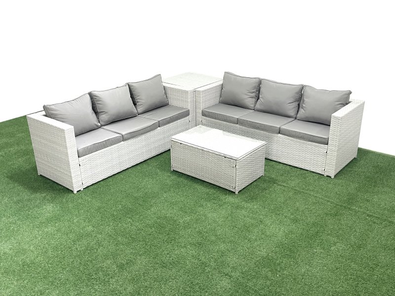 Fimous Garden Outdoor PE Rattan Furniture Set 6 Seater Rattan Garden Sofa Set with Side Table Light Grey Mixed
