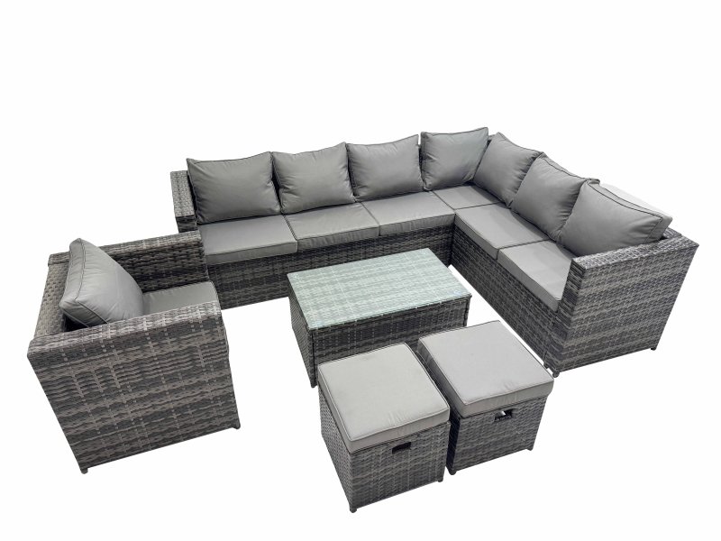 Fimous Patio Sofa Oblong Coffee Table Set Rattan Garden Furniture Set with 2 Small Stools Dark Grey Mixed