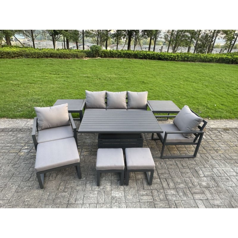 Fimous Aluminium Garden Furniture Sets 8 Seater Outdoor Sofa Set with Adjustable Rising Lifting Dining Table 2 Chairs 3 Footstools Side Table