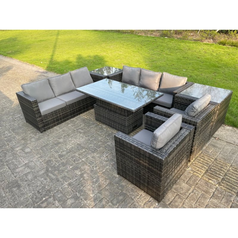 Fimous 8 Seater?Outdoor Rattan Garden Furniture Adjustable Rising Lifting Table Armchairs Dark Grey Mixed