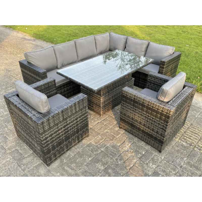 Fimous Dark Mixed Grey Outdoor Rattan Garden Furniture Sofa Set Rising Adjustable Dining Or Coffee Table 2 Chairs Patio Furniture Right Corner