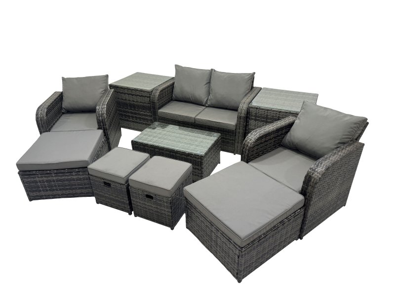Fimous Outdoor Love Sofa Reclining Chair Coffee Table Set Garden Rattan Furniture Set 8 Seater with 4 Stools 2 Side Tables Dark Grey