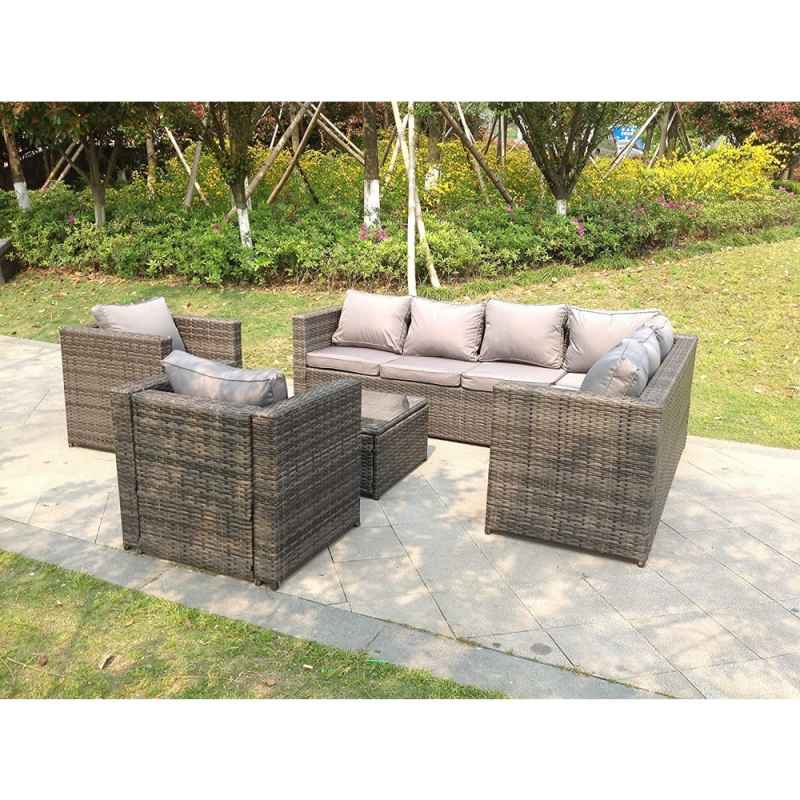 Fimous 8 Seater Grey Rattan Corner Sofa Set Coffee Table 2 Armchairs Garden Furniture Outdoor