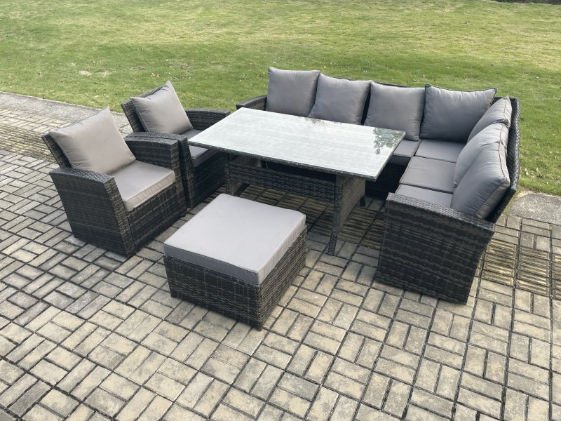 Fimous 9 Seater Garden Rattan Furniture Corner Sofa Dining Table Chairs Set with Big Footstool 2 Armchairs Indoor Outdoor Lounge Sofa Set
