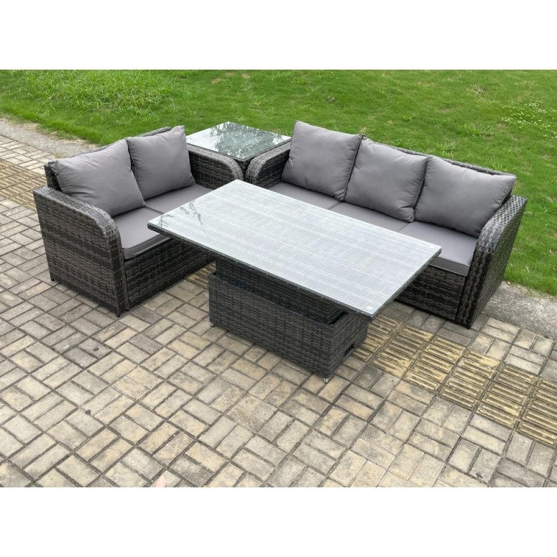 Fimous Outdoor Rattan Garden Furniture Sets Height Adjustable Rising lifting Dining Table Lounge Sofa Set With Side Table Dark Grey Mixed
