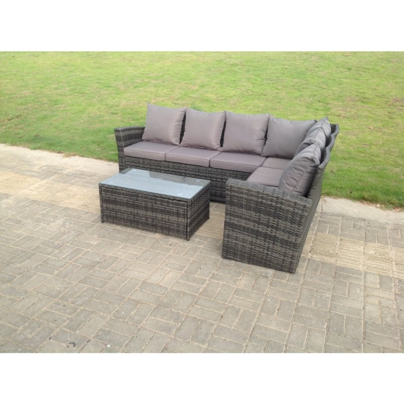 Fimous High Back Rattan Corner Sofa Set Oblong Coffee Table Outdoor Furniture dark Grey Right Option