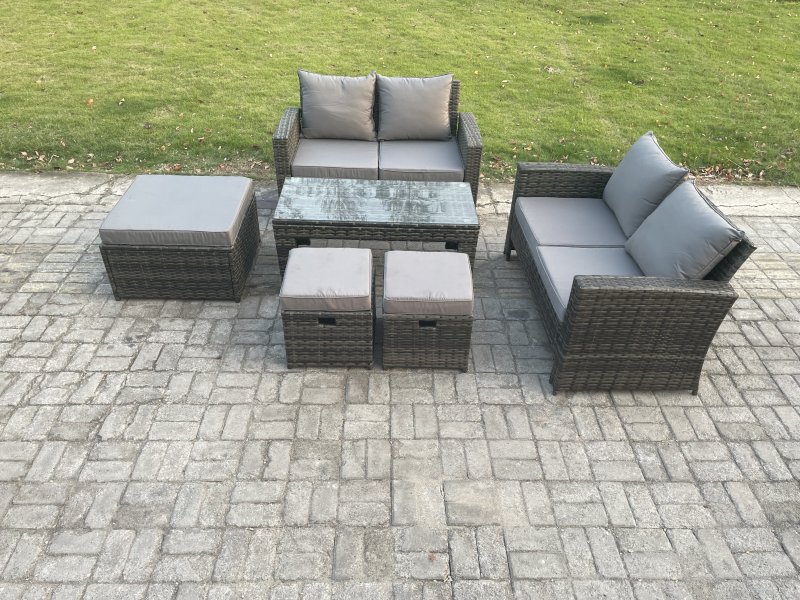 Fimous 7 Seater High Back Rattan Garden Furniture Sofa Sets with Rectangular Coffee Table 3 Footstools Loveseat Sofa Dark Grey Mixed