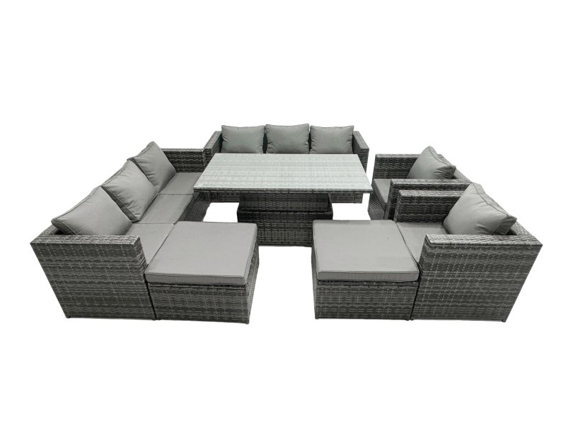 Fimous Rattan Dining Table Sofa Set with 2 Armchair 2 Stools Outdoor 10 Seat Garden Furniture Set Dark Grey Mixed