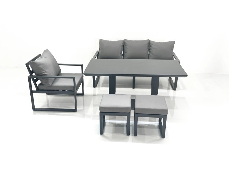 Fimous Outdoor Aluminium Garden Furniture Set with Adjustable Rising Lifting Dining Table 3 Seater Sofa Chair 2 Small Footstools Dark Grey