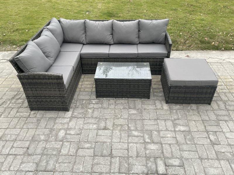 Fimous 7 Seater Rattan Lounge Corner Sofa Set Wicker PE Outdoor Garden Furniture Set with Coffee Table Big Footstool Dark Grey Mixed