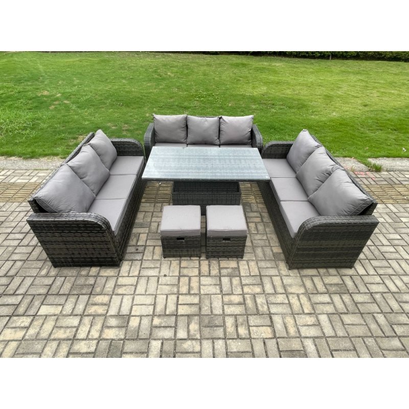 Fimous Patio Garden Dining Set Outdoor Rattan Furniture Lounge Sofa Height Adjustable Rising lifting Table With 2 Small Footstools Dark Grey Mixed