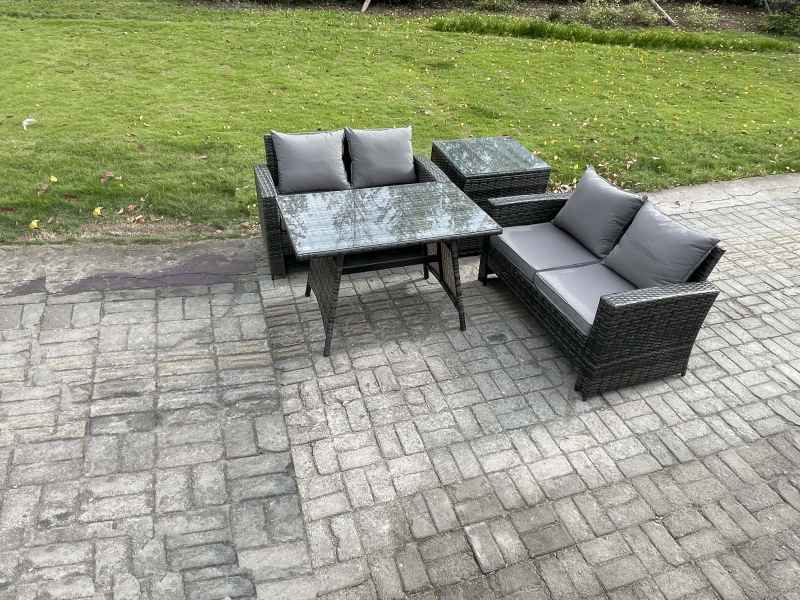 Fimous Garden Furniture Sets 4 Pieces Wicker Rattan Furniture Manual Wicker Patio Sofa Patio Conversation Set with Side Table Dark Grey Mixed