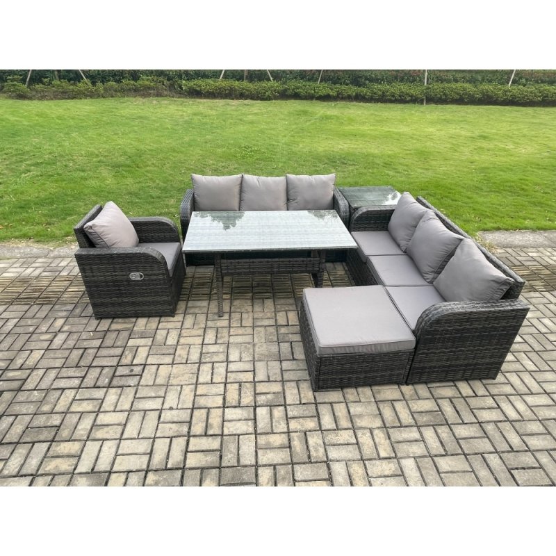Fimous 8 Seater Rattan Garden Furniture Set Oblong Rectangular Dining Table and Chairs Set with 3 Seater Sofa Big Footstool Side Tables Dark Grey Mixed