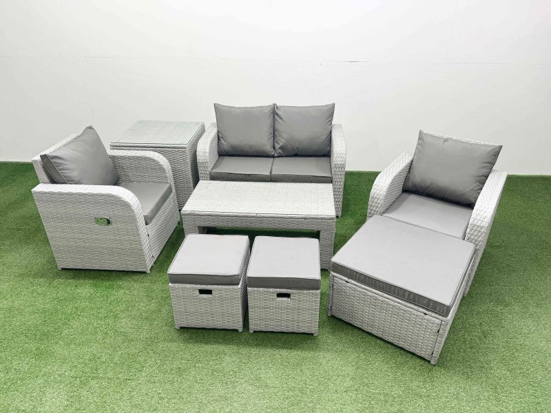 Fimous Light Grey PE Wicker Rattan Garden Furniture Set Sofa Set Reclining Adjustable Chair Oblong Coffee Table 7 Seater 3 Stools Side Table
