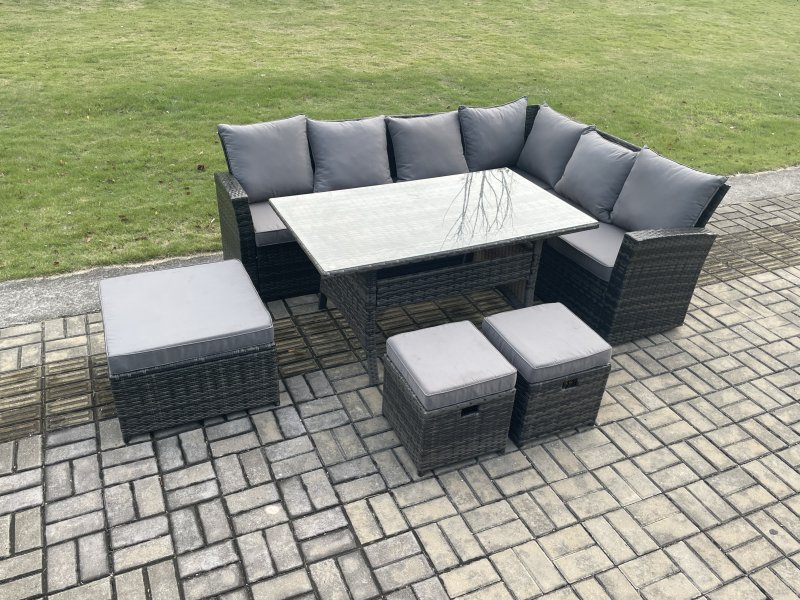 Fimous 9 Seater Garden Rattan Furniture Corner Sofa Dining Table Chair Set with 2 Small Footstools Indoor Outdoor Lounge Sofa Set