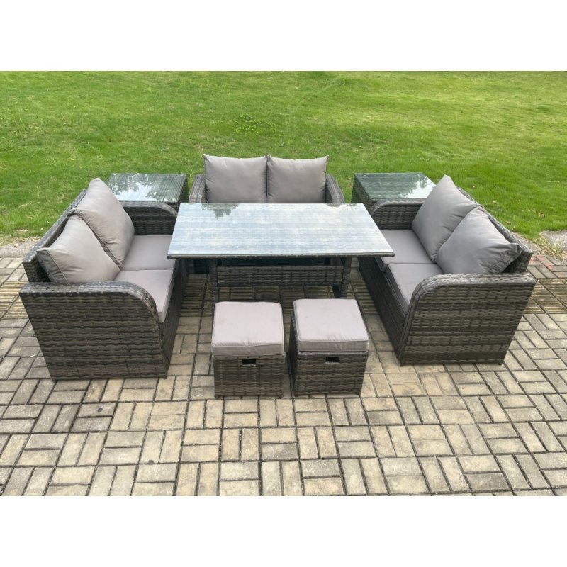 Fimous 8 Seater Outdoor Rattan Garden Furniture Set with Patio Rectangular Dining Table 2 Side Tables Love Sofa 2 Small Footstools Dark Grey Mixed