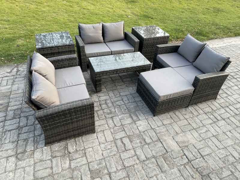 Fimous 7 PCS Outdoor Lounge Sofa Set Wicker PE Rattan Garden Furniture Set with Coffee Table Double Seater Sofa 2 Side Tables Big Footstool Dark Grey Mixed
