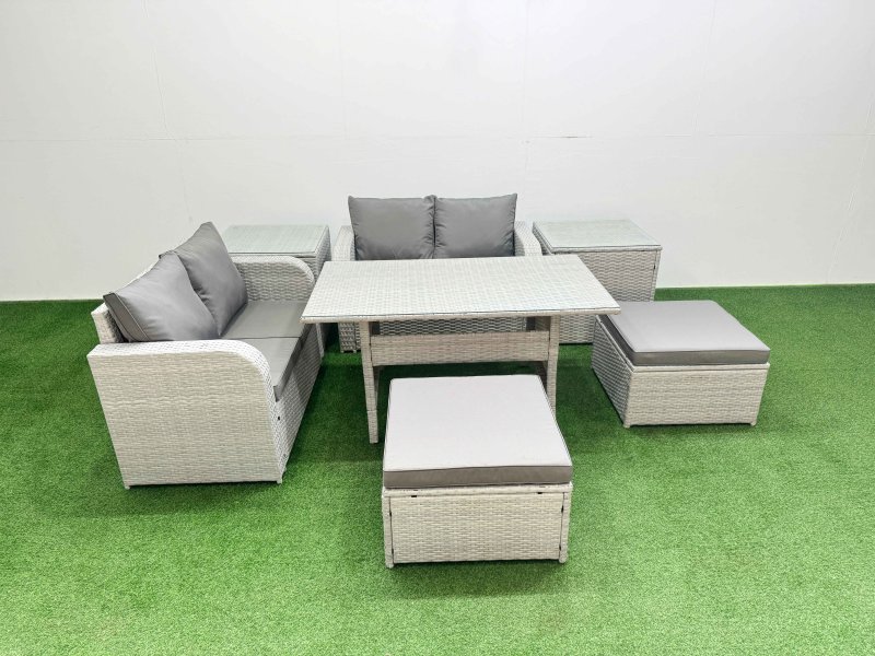 Fimous 6 Seater Outdoor Love Sofa Set Rattan Garden Furniture Set with Rectangular Dining Table 2 Footstool 2 Side Tables Light Grey