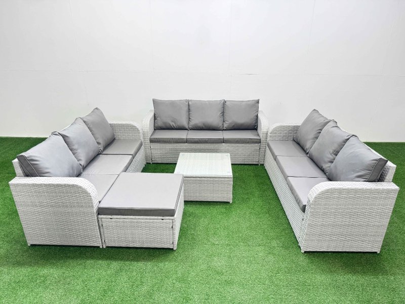 Fimous PE Rattan Lounge Sofa Set 10 Seater Outdoor Garden Furniture Set with Square Coffee Table 3 Seater Sofa Big Footstool Light Grey