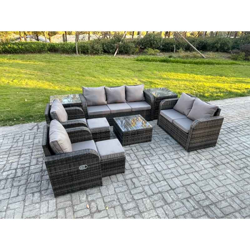 Fimous 9 Seater Garden Furniture Set Rattan Outdoor Lounge Sofa Chair With Tempered Glass Table 2 Small Footstools 2 Side Tables Dark Grey Mixed