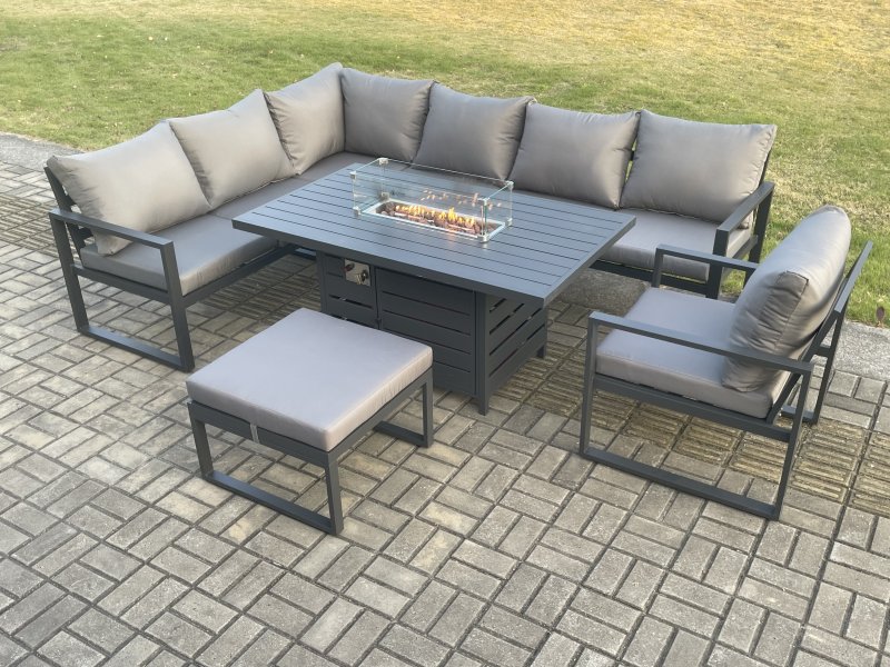 Fimous Aluminium Outdoor Garden Furniture Corner Sofa Gas Fire Pit Dining Table Sets Gas Heater Burner with Chair Big Footstool Dark Grey 8 Seater