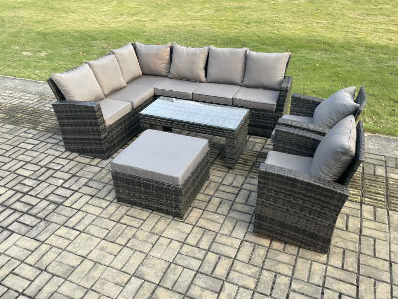 Fimous Outdoor Furniture Garden Dining Set Rattan Corner Sofa Set with 2 Armchairs Big Footstool Dark Grey Mixed