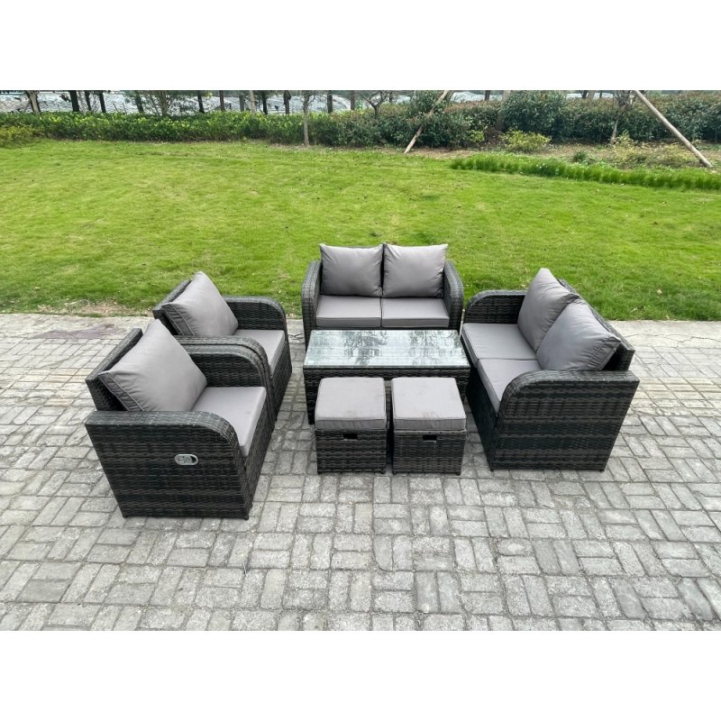 Fimous Patio Garden Furniture Sets Wicker 8 Seater Outdoor Rattan Furniture Sofa Sets with Rectangular Coffee Table Reclining Chair 2 Small Footstools