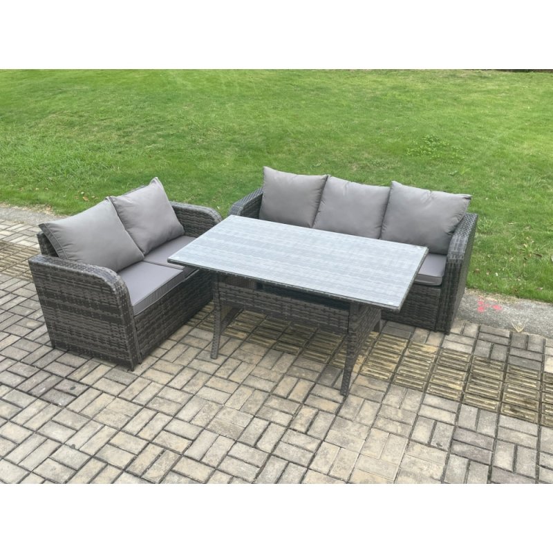 Fimous Outdoor Garden Patio Furniture Wicker Rattan Oblong Rectangular Dining Table and Lounge Sofa set Dark Grey Mixed