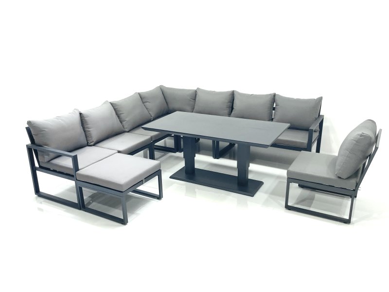 Fimous 9 Seater Outdoor Aluminum Garden Furniture Set Corner Sofa Big Footstool Rising Lifting Dining Table Sets Dark Grey