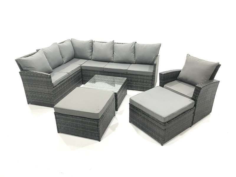 Fimous 9 Seater Outdoor Garden Furniture Set Wicker PE Rattan Corner Sofa Set with Square Coffee Table 2 Big Footstool Dark Grey Mixed